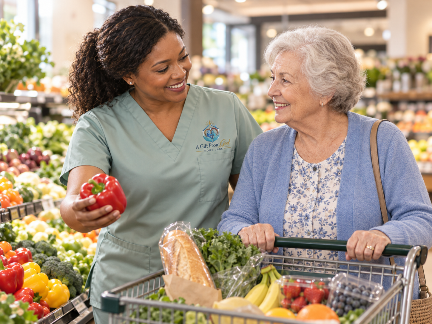 Caregiver assisting senior with grocery shopping in supermarket